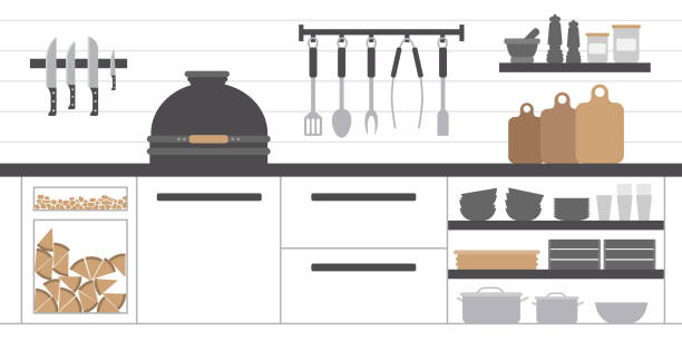 Barbecue Kitchen Place Barbecue Kitchen Place for Cooking in Backyard with White Cabinets, Open Shelves and Kitchenware. wooden kitchen cabinet stock illustrations
