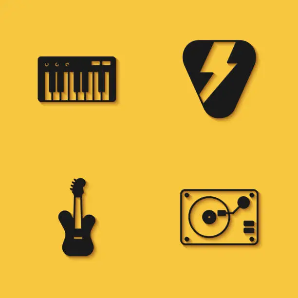 Vector illustration of Set Music synthesizer, Vinyl player with vinyl disk, Electric bass guitar and Guitar pick icon with long shadow. Vector