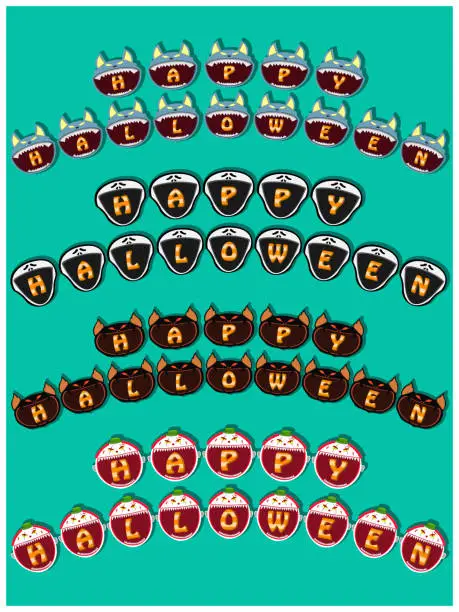 Vector illustration of Happy Halloween Text Banner On Head Monsters. Wolf, Scream, Creepy Bat and Creepy Clown Head Design