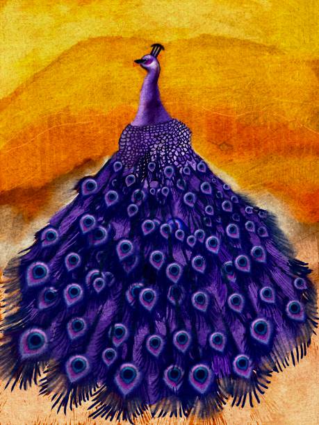 istock A stylized illustration of a purple peacock in the setting of an orange landscape. 1491804209
