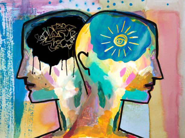 Person with bi-polar, mood disorder. Mental health concept mental health. Abstract human head and brain shape.  happy and sad. mood disorder. fresh start stock illustrations