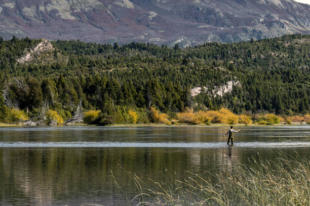 Young man practices sport fly fishing in the Rio Grande or Futaleufú, in Chubut, Patagonia Argentina.