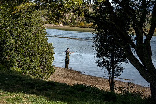 Young man seen between trees practices sport fly fishing in the Rio Grande or Futaleufú River, in Chubut, Patagonia Argentina.