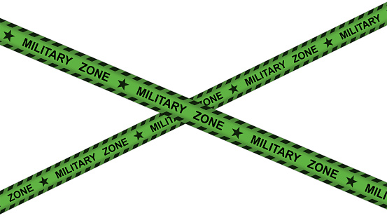 Isolated danger tape khaki stripes war area diagonal illustration. Military zone words warning with star concept. High quality 8K image