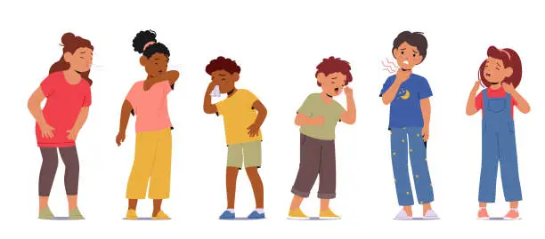 Vector illustration of Sneezing And Coughing Kids. Characters with Infection Illness Symptoms, Such As Cold Or Flu, Allergies, Or Irritants