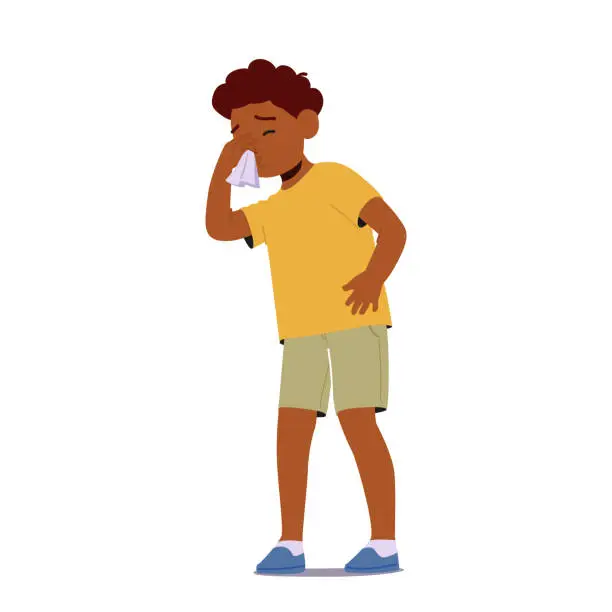 Vector illustration of Child Character Sneeze And Cough. Nasal Congestion, Runny Nose, Occasional Fever, Body Discomfort, And Throat Irritation