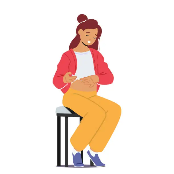 Vector illustration of Woman Self-administers Insulin Injection Into Belly. Female Character Managing Diabetes With Personalized Care