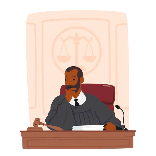 Vector illustration of Thinking Judge Male Character Sitting At Desk, Contemplating In A Court Setting, Considering Evidence