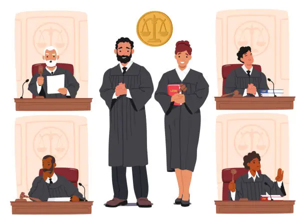 Vector illustration of Judges Male and Female Characters In Court. Impartial Legal Authorities Who Interpret Laws, Administer Justice