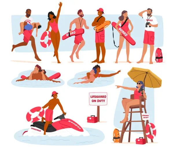 Vector illustration of Vigilant, Trained, Watchful Lifeguard Characters Patrolling Sandy Shores, Ensuring Swimmers' Safety, Vector Illustration