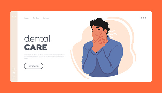 Dental Care Landing Page Template. Male Character Experience Sharp Throbbing Pain In Tooth, Accompanied By Sensitivity And Swelling, Indicating Infection Or Decay. Cartoon People Vector Illustration