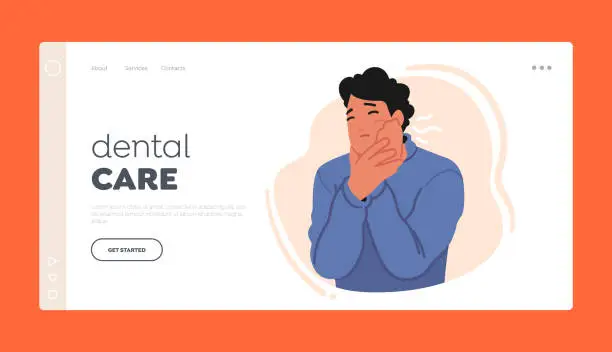 Vector illustration of Dental Care Landing Page Template. Male Character Experience Sharp Throbbing Pain In Tooth, Accompanied By Sensitivity