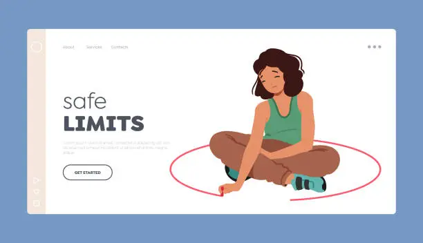 Vector illustration of Safe Limits Landing Page Template. Woman Drawing Circle Around Self. Female Character Creating Personal Boundary