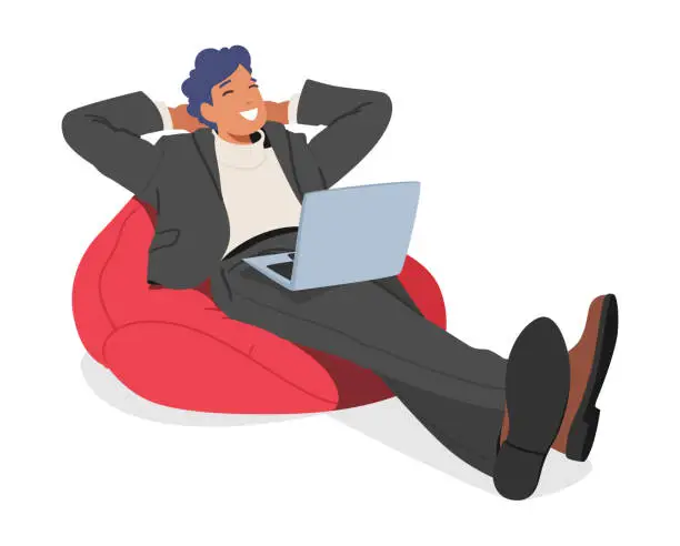 Vector illustration of Efficient Time Management. Relaxed Man Character With Laptop, Organizing Tasks, Scheduling, Prioritizing