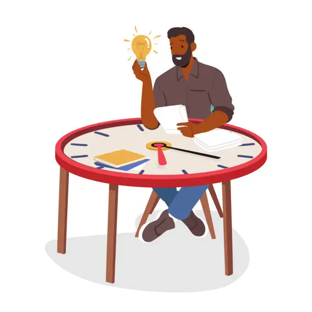 Vector illustration of Time Management Concept Depicted As Man Seated At Clock Table, Holding Glowing Light Bulb And Paper, Vector Illustration