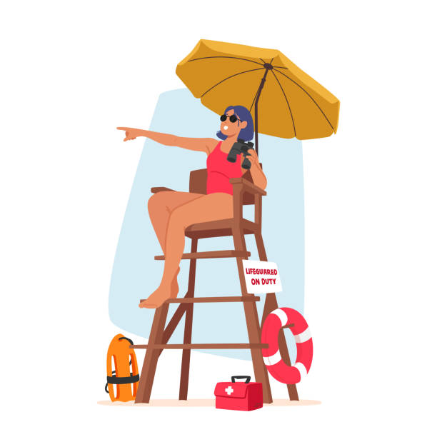 ilustrações de stock, clip art, desenhos animados e ícones de vigilant lifeguard woman character on tower, equipped with binoculars, ensures safety and scans the surroundings - equipped