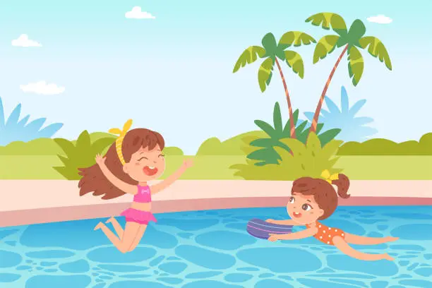 Vector illustration of Happy children play in water of swimming pool, tropical landscape and summer vacation