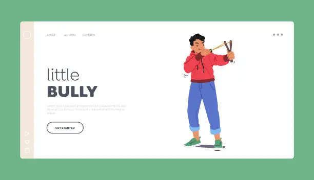 Vector illustration of Little Bully Landing Page Template. Mischievous Boy Wreaking Havoc With Slingshot, Causing Mischief And Chaos