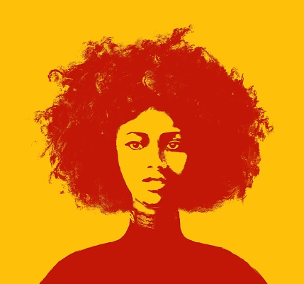 Portrait of a young woman  of African type Falashi. The girl is depicted in full face on an yellow background. The gaze is focused and directed towards the viewer. Embossed brushstroke technique