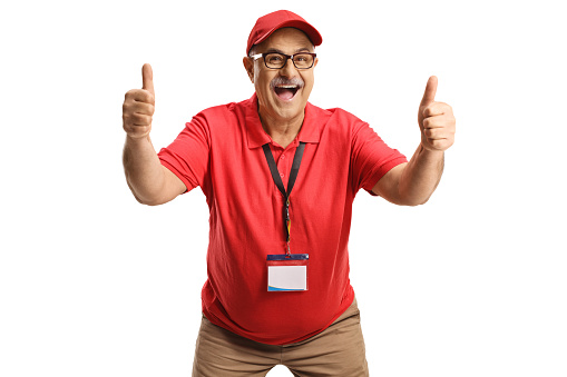 Excited mature salesman gesturing happiness isolated on white background