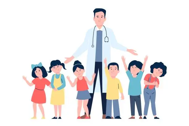 Vector illustration of Doctor and healthy active happy kids. Pediatric medical cartoon scene, children and pediatrician. Child healthcare, treatment recent vector concept
