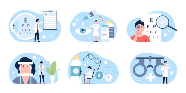 Ophthalmologist doctors, ophthalmology instrument and clinic for eye health concept. Vision check up, drops and glasses. Optometry recent vector scene Ophthalmologist doctors, ophthalmology instrument and clinic for eye health. Vision check up, drops and glasses. Optometry vector scene. Illustration of instrument ophthalmologist to correction optometrist stock illustrations