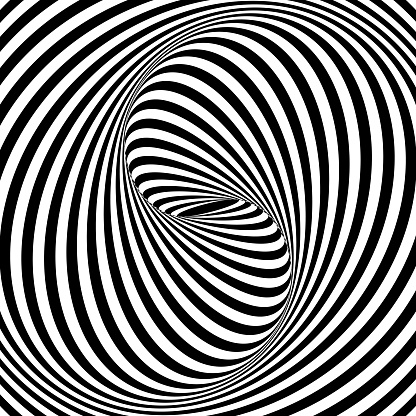 Spiral optical illusion. Black and white vortex lines. Striped twisty pattern with dynamic kaleidoscope effect. Vector graphic illustration.