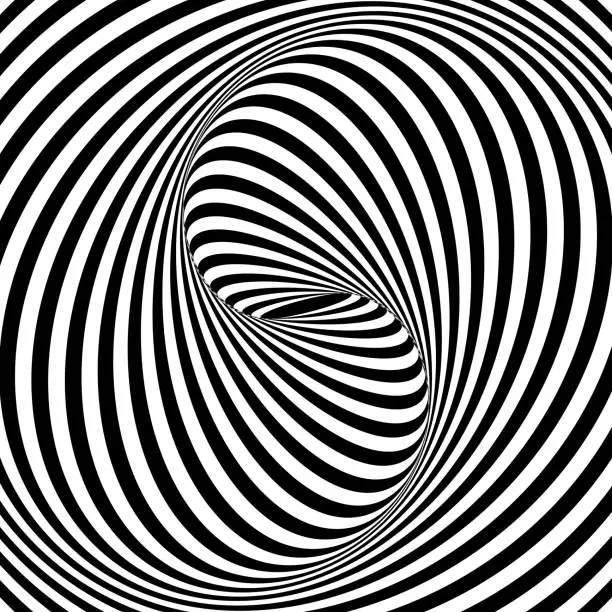 Vector illustration of Spiral optical illusion. Black and white vortex lines. Striped twisty pattern with dynamic kaleidoscope effect. Vector graphic illustration