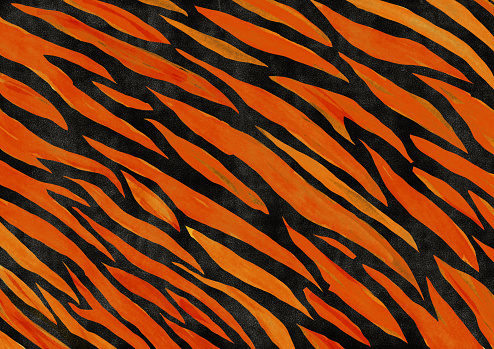 ็Hand painted imitating tiger skin pattern. It has a bright orange free shape on a black background.