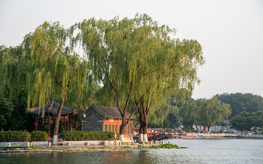 Beijing, china, June 02 2018: Hou lake or shishahai lake in Beijing china. Chinese people in the park outdoor