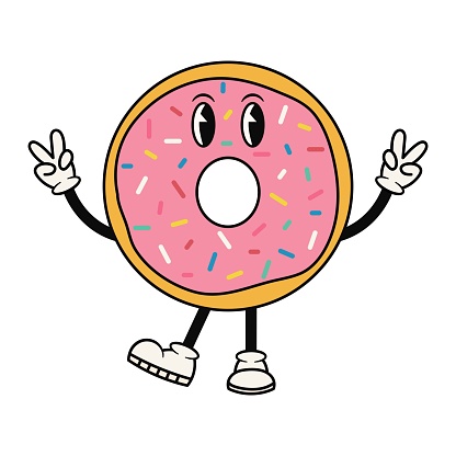 Groovy donut character with pink glaze and colorful sprinkles. Cute retro mascot. Cartoon isolated vector illustration.