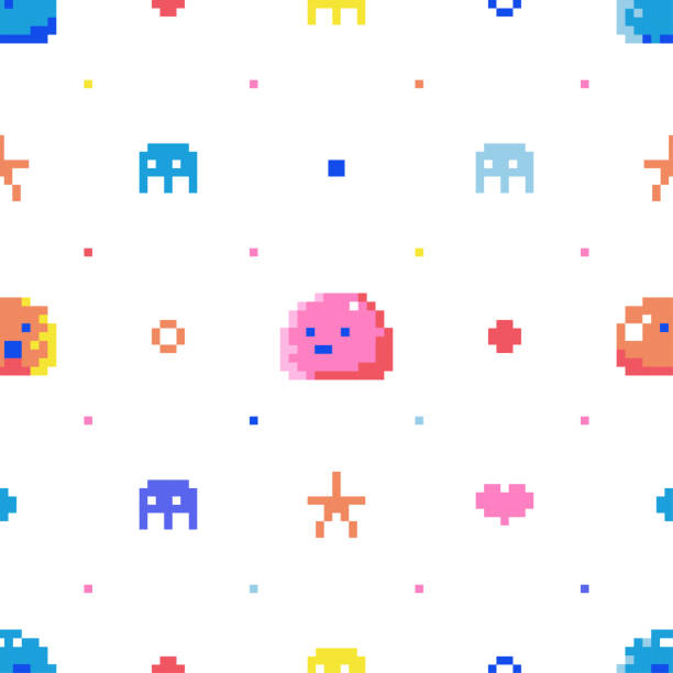 ilustrações de stock, clip art, desenhos animados e ícones de game pixel seamless pattern with 8bit retro monsters. - nerd technology old fashioned 1980s style