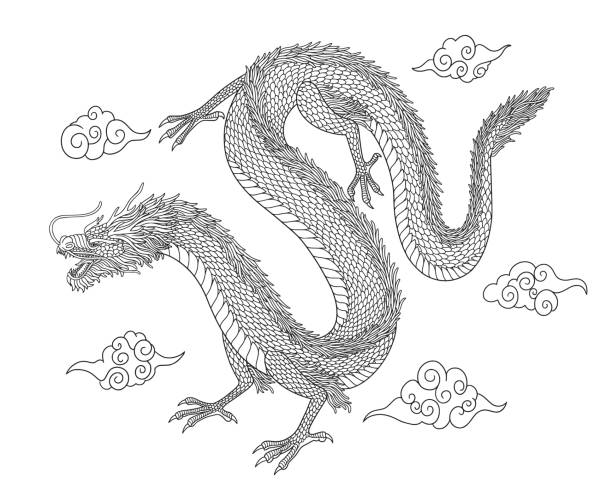 istock Line art of japanese dragon with clouds isolated on white background. vector illusration 1491844251