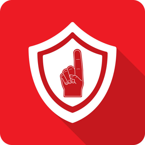 Shield Foam Finger Icon Silhouette Vector illustration of a shield with foam finger icon against a red background in flat style. pep rally stock illustrations