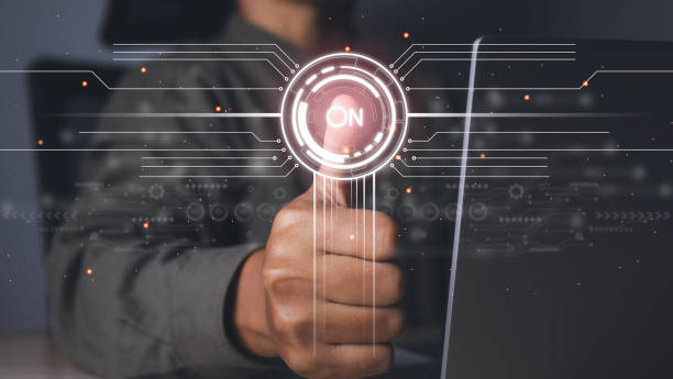 istock Businessman hand push start button on to unlocks on virtual screen. 1491850995
