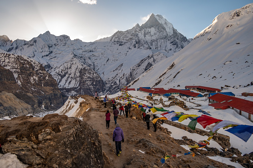 Annapurna Base Camp, Nepal - April-12-2023 : The Annapurna Base Camp Trek is one of the most trekked route in the Nepal and takes place in the Annapurna Conservation Area.