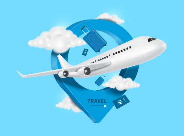 Vector illustration of airplane, cloud, blue passport, luggage or baggage appeared and displayed in front of large pin location for travel design