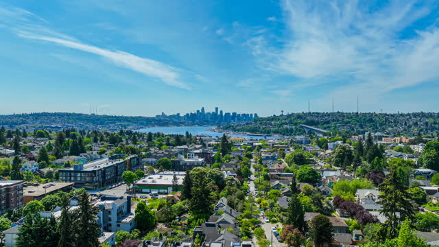 Flying over a Seattle suburban neighborhood on a sunny day