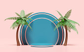 3d blue cylinder stage podium empty with coconut palm tree isolated on pink. modern stage display, minimalist mockup, abstract showcase background. Concept  3d render illustration