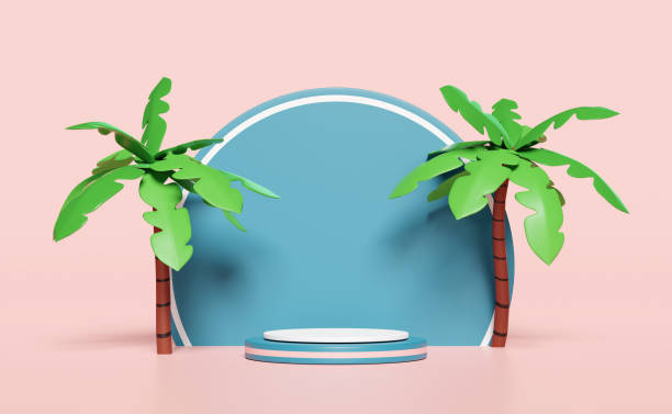 istock blue cylinder stage podium empty 3d with coconut palm tree isolated on pink. modern stage display, minimalist mockup, abstract showcase background. Concept  3d render illustration 1491860482