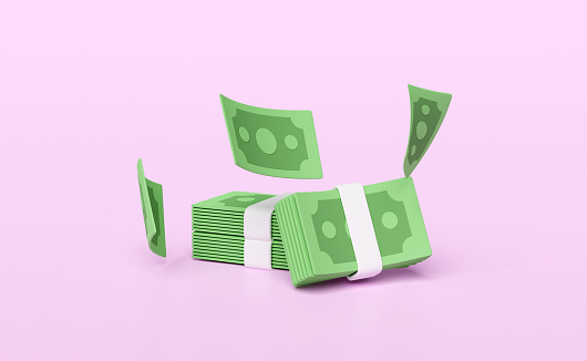 3d dollar banknote stack with flying banknotes isolated on pink background. economic movements or business finance, loan concept, 3d render illustration