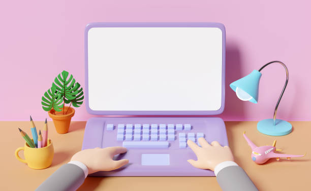istock 3d businessman using laptop computer on table with lamp, coffee cup, plane isolated on pink background. 3d render illustration 1491861128