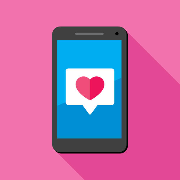 Heart Speech Bubble Smartphone Icon Flat 2 Vector illustration of a smartphone and speech bubble with heart icon against a pink background in flat style. heart emoji phone stock illustrations
