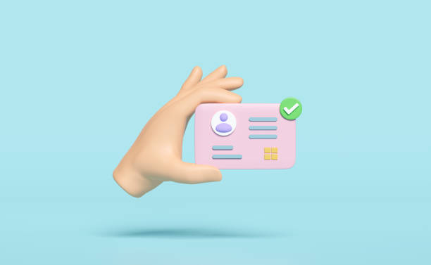 istock 3d hand hold Id card icon with check mark isolated on blue background. human resources, plastic card, Job search concept, 3d render illustration 1491861578