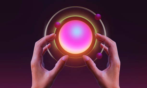 istock Holding pink circle glowing rings, round shape. Pink circle over human hand 1491862456