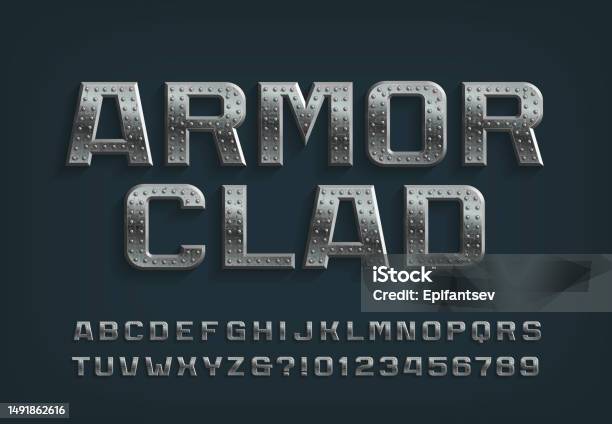 Small Riveted Letters Armor Clad Alphabet Font Riveted Metal Letters And Numbers Stock ...