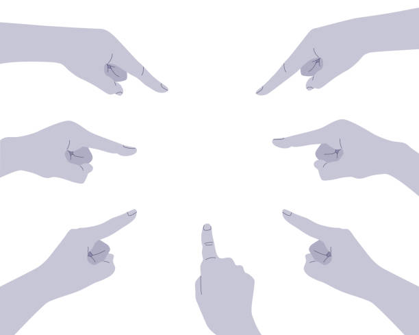 istock Set of hand gestures pointing to blank space in center, flat vector illustration. 1491863761