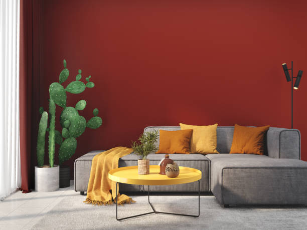 istock Red wall  living room with sofa table and cactuses.3d rendering 1491868145