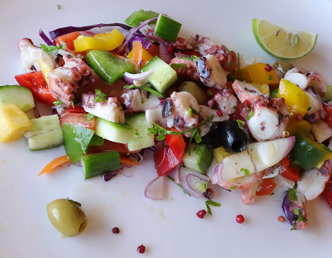 Creole Octopus Salad served with Orange, Pineapple, Cucumber, Creole Style, Mauritius
