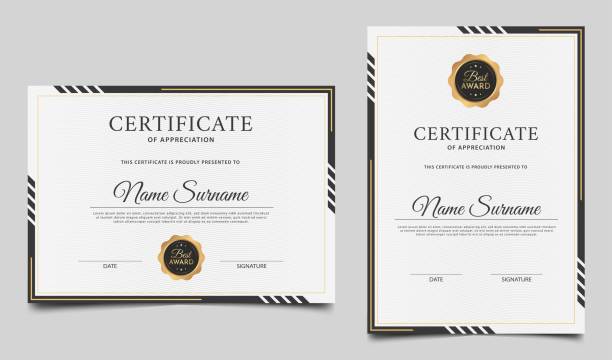 ilustrações de stock, clip art, desenhos animados e ícones de elegant certificate of achievement template design. clean certificate border template with gold badge. vector diploma award. - certidão